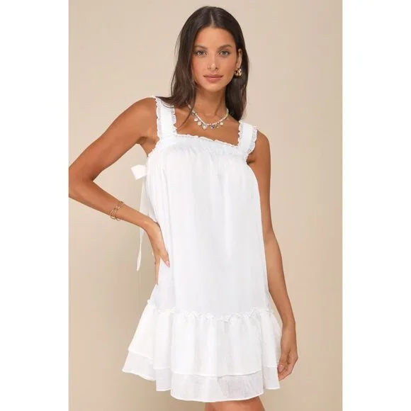 NWT Lulus Sensationally Precious White Bow Ruffled Mini Shift Dress NEW - Picture 4 of 7